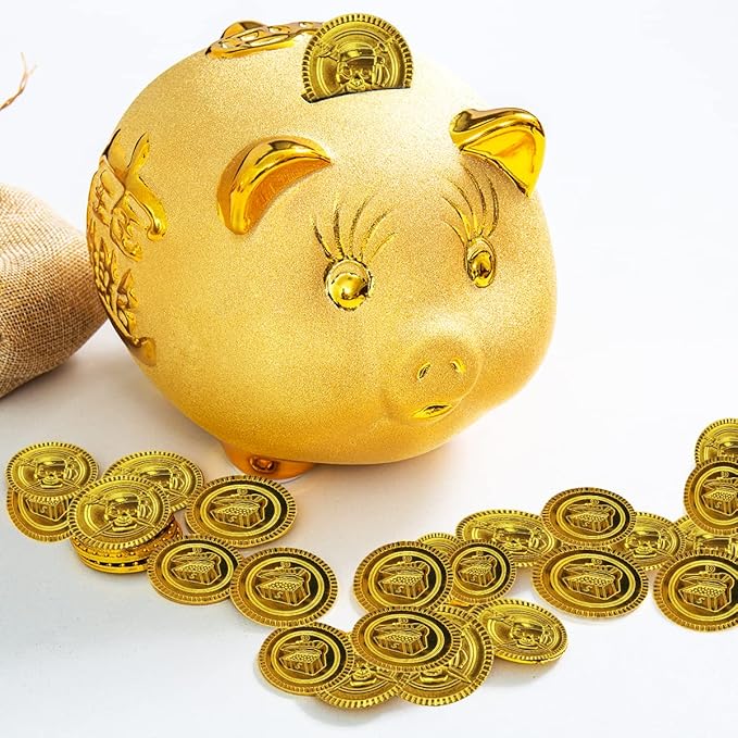 100 Pieces Plastic Pirate Gold Coins Set - Play Treasure Gold Coins for Pirate Themed Party, St. Patrick's Day, Treasure Hunt Game, Halloween and Novelty Party Favor
