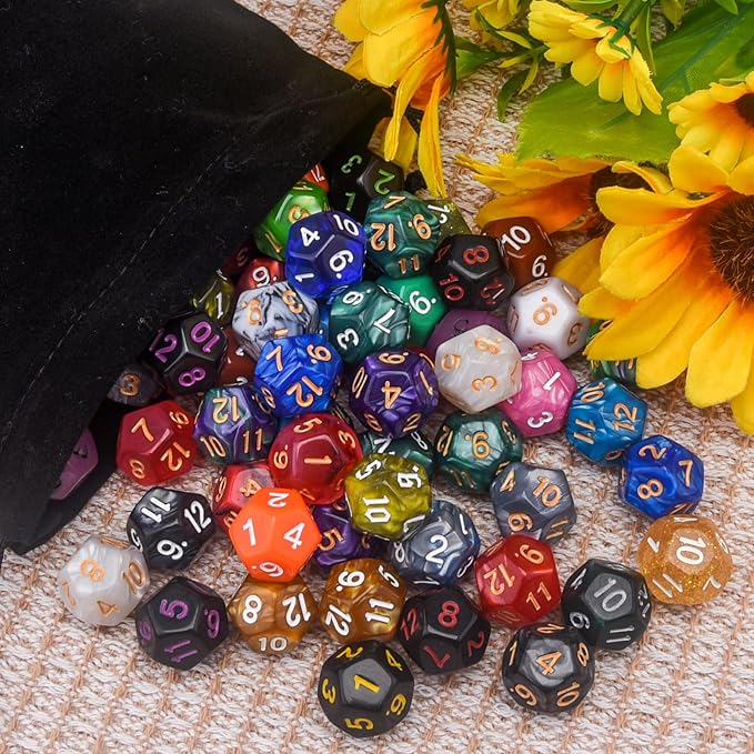 AUSTOR 70 Pieces 12 Sided Dice Mixed Color Polyhedral Dice Set 12 Sides Dices Assortment with a Black Velvet Storage Bag for DND RPG MTG Table Games