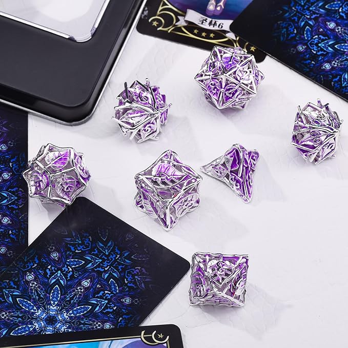 AUSTOR Metal Maple Leaf DND Dice Set 7 Pieces Hollow Polyhedral Dice D20 D12 D10 D% D8 D6 D4 Copper Dice with Metal Box for Dungeons & Dragons RPG Board Games (Violet & Silver)