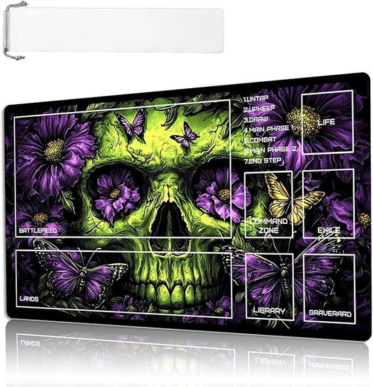 MTG Playmat Size 23.6x13.8in with Storage Bags Portable Playmat TCG and Board Game Mat for Cards Rubber Base Slip-Resistant Mousepad Desk Mat (Green Skull,with Zone)