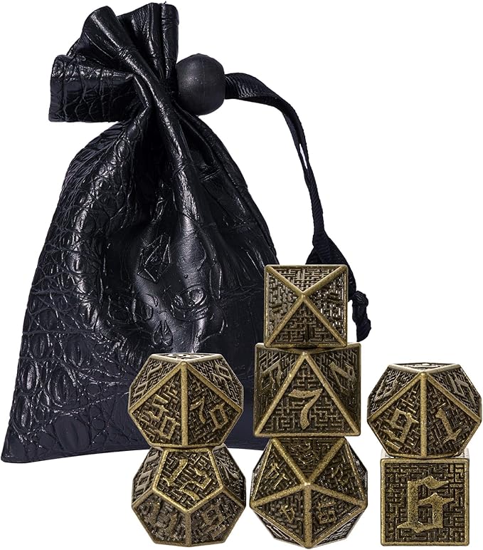 UDIXI Metal Dice Maze Carved DND Dice Set D&D 7PCS Bronze Role Playing Dice with Leather Pouch for Dungeons and Dragons Tabletop Dice Games