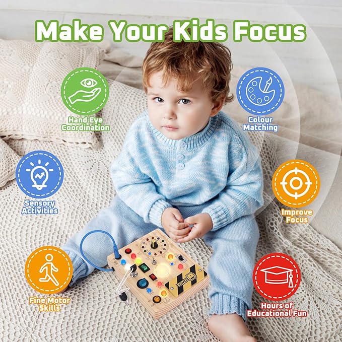 Busy Board 【Plus Version】 with 23 LED Light,Montessori Toy for 1+ Year Old,Engaging Sensory Board for Fine Motor Skills,Gifts & Travel Toys for Toddlers 1-3