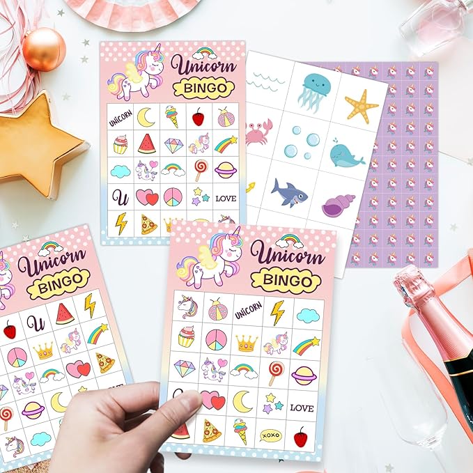 Unicorn Bingo Card Set - Holiday Indoor Outdoor Bingo Game with 24 Players, 5x7 inches Bingo Game Kit, Friends Bingo Game Party Activities Supplies, Festival Gift for Adult Teen -07
