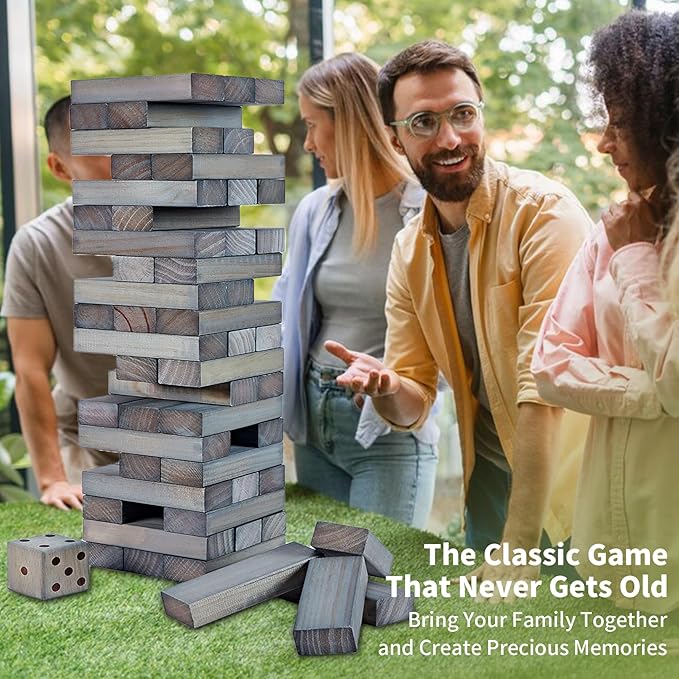 ApudArmis Giant Tumble Tower Stack to Over 5Ft, 56 PCS Pine Wooden Stacking Timber Game with 1 Dice Set - Classic Block Giant Outdoor Game (7.48 * 2.48 * 1.5 in Each Block, Gray)