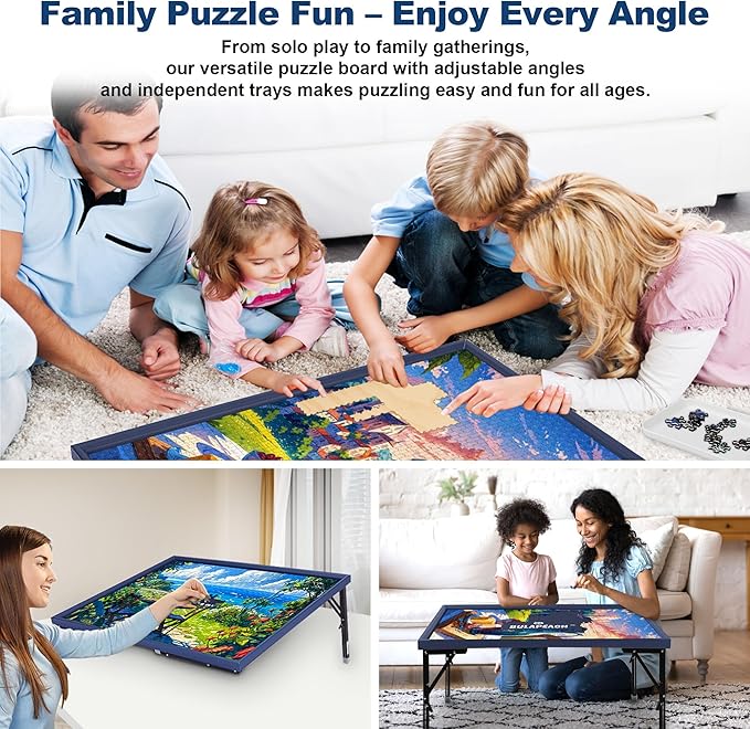 1000 Piece Puzzle Table with Folding Legs, Tiltable Jigsaw Board, Clear Cover & 4 Independent Trays, Portable Wooden Design with Leather Edging, Perfect for Family Fun & Game Table (23" x 31")
