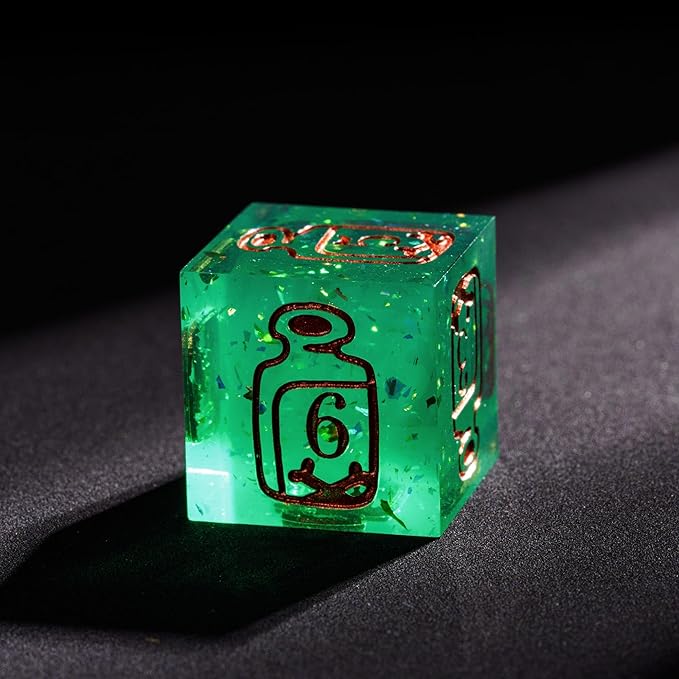 Cusdie 7-Die Sharp Edges DND Dice Set, Ranger Pattern Polyhedral D&D Dice Set for DND Dungeons and Dragons TTRPG Role Playing Games(Green w/Rose Gold Ranger Pattern)