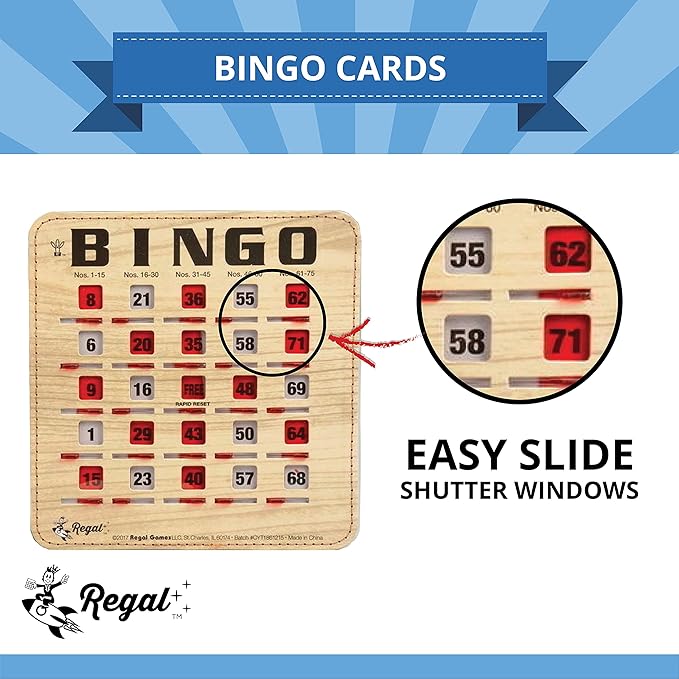 Regal Bingo Bulk Bingo Cards with Sliding Windows - Reusable Large Print Bingo Game Cards for Adults Large Group - 200 Pack, Woodgrain