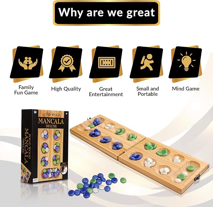 Point Games Solid Wood Deluxe Mancala - Folding Board Game w Metal Latch and Glass Marbles- Portable Strategy Travel Game - Recommended Ages 6+