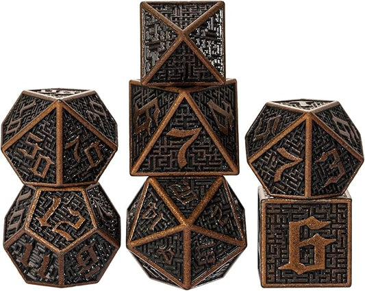 UDIXI Metal DND Dice Maze Carved D&D Dice Set 7PCS Copper Metal Dice with Leather Pouch for Dungeons and Dragons Role Playing Games
