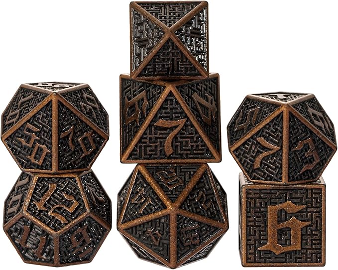 UDIXI Metal DND Dice Maze Carved D&D Dice Set 7PCS Copper Metal Dice with Leather Pouch for Dungeons and Dragons Role Playing Games