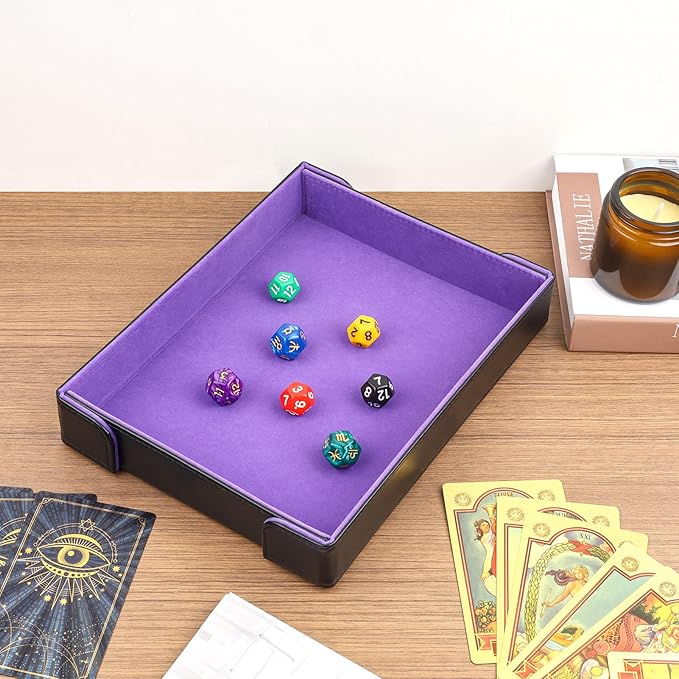 PU Leather Dice Tray Magnetic Folding Dice Rolling Mat with Purple Felt Lining for Dice Games Portable Tabletop Board Games Tray
