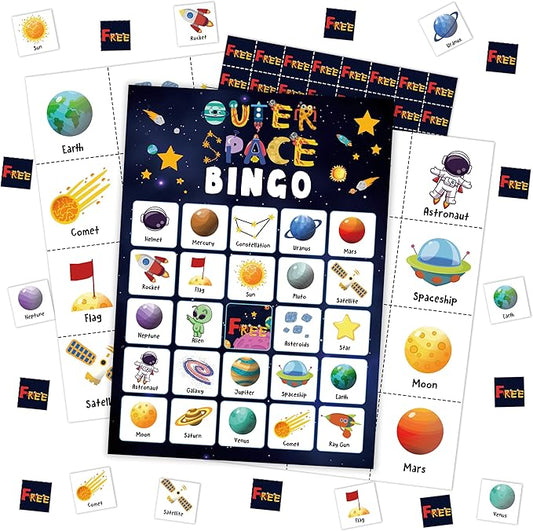 Outer Space Party Bingo Card, Solar System Birthday Bingo Game for Adults Family Friends, Astronomy Games Set for Birthday Party, Holiday Games for 24 Players -04