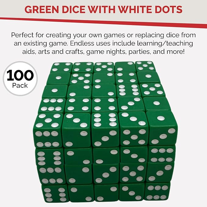 MR CHIPS D6 Standard 16 mm Opaque Dice with Pip Dots - 100 Pack - Green