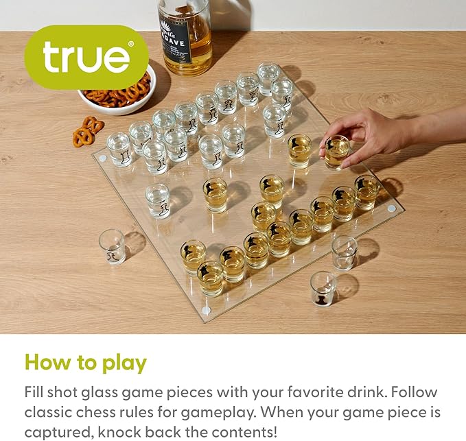 True Shot Glass Chess Game, Chess Board with Shot Glass Chess Pieces, Clear Glass and Frosted Glass, Chess Drinking Game
