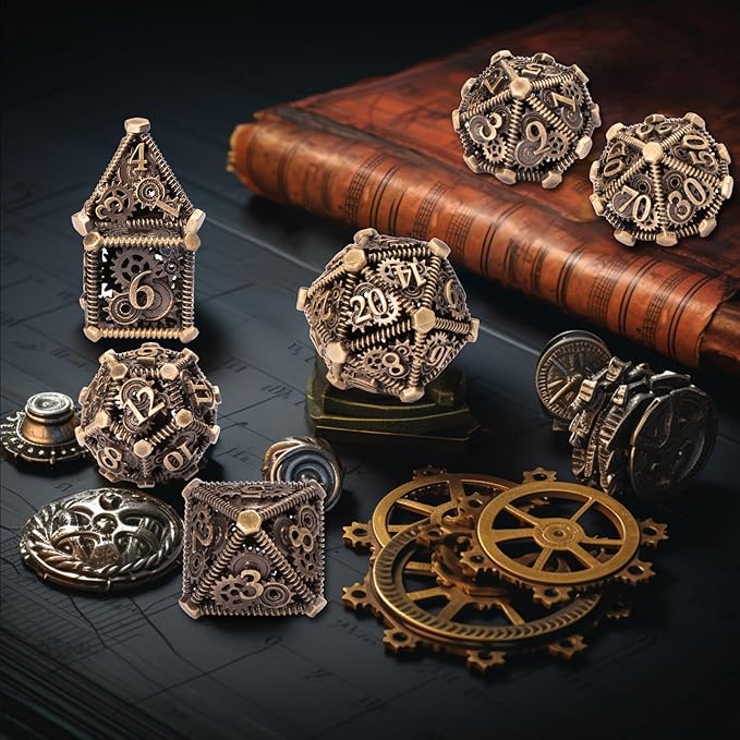 DND Metal Dice Set, UBEUCK 7PCS Gear Metal DND Dice Set for Dungeons & Dragons Board Games Boxes(Bronze Gear)