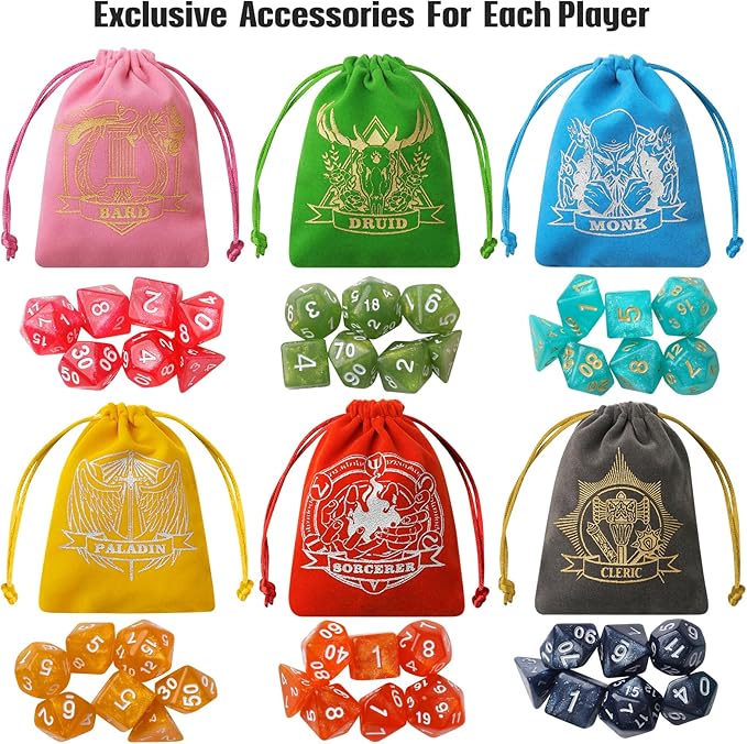 D&D Dice Set with Characters Pattern Dice Pouches, 42 Pcs polyhedral dice Set, PU Leather and Velvet dice Tray for Dungeons and Dragons D&D RPG MTG Table Games Nebula