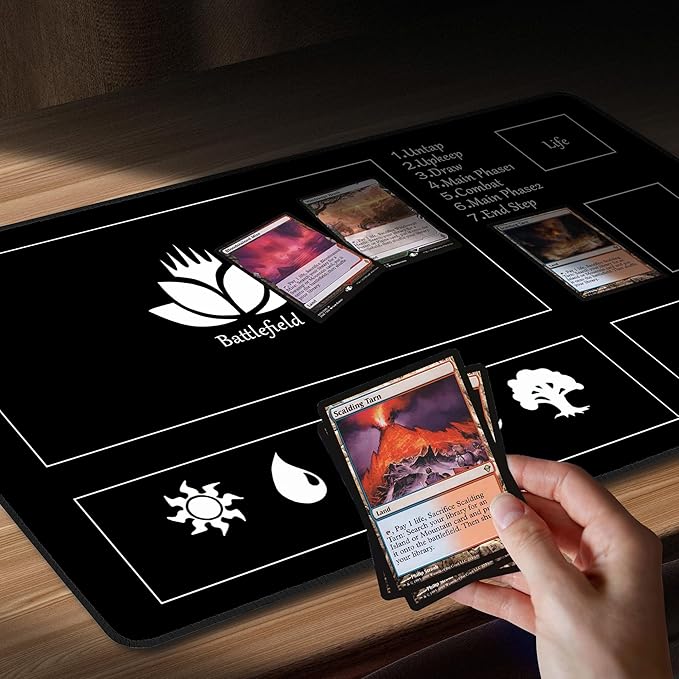 MTG Playmat Stitched with Magic Zone Non-Slip Rubber Backing Printing Commander Board Game Desk Mat Duel Mat TCG PTCG Playmat 24x14 inches and Free Storage Bags (Black)