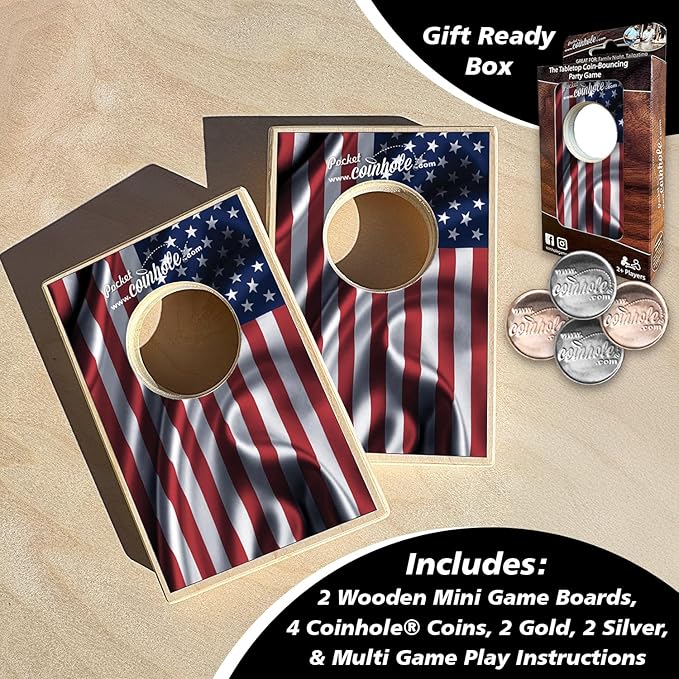 Desktop Coin Bouncing Party Set | Tabletop Cornhole Board | Small Travel Game Includes Coins