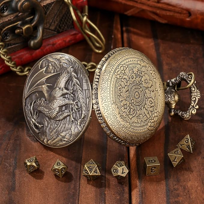 Mini DND Dice Set with Steampunk Dragon Pocket Watch Case, Tiny 7-Piece Polyhedral Metal D&D Dice, DND Gifts with Gift Box for DND Lovers, Role Playing Game Board Game Accessories Dice, Bronze