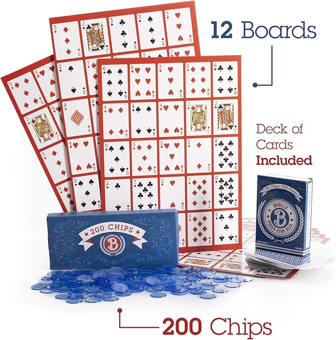 Brybelly Poker Keno Game Set with Cards and Chips - Adult Family Casino Board Game Night Gift Includes Deck of Playing Cards, 12 Boards, 200 Bingo Chips