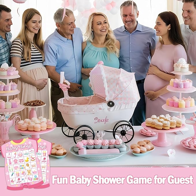 24 Player Baby Shower Bingo Cards - Pink Newborn Baby Bingo Party Activity Supplies