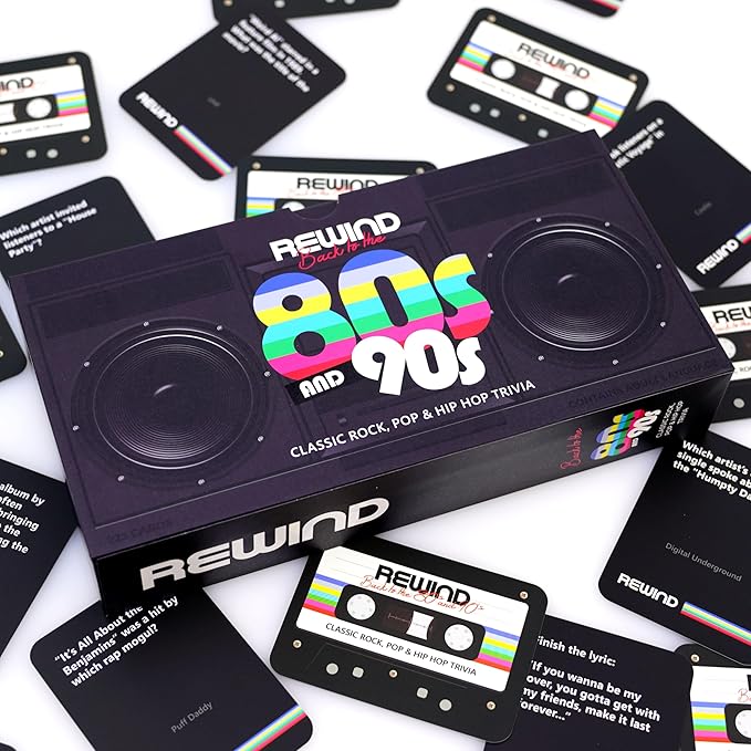 Mojo Games, Rewind, Back to The 80's and 90's Music Trivia - Nostalgic Pop Culture, Rock, Pop and Hip Hop Card Game for Family and Friends Game Night (Music Trivia)