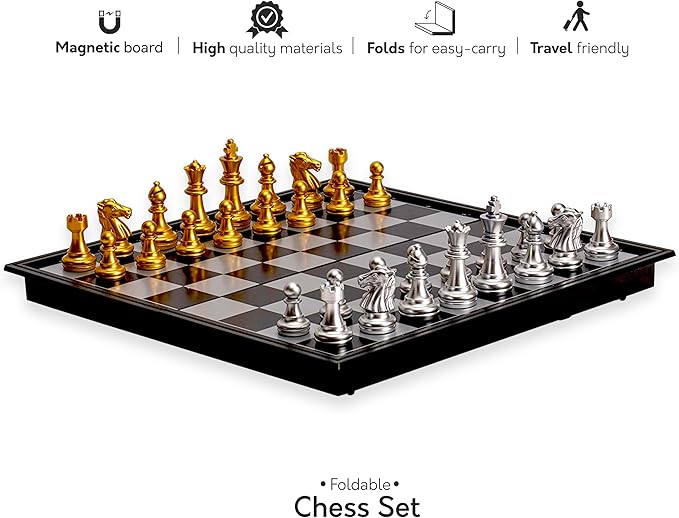 Magnetic Travel Chess Set Game with Folding Board Portable and Storage Compartment – Great Travel Toy Set by Big Mo’s Toys 9.7"