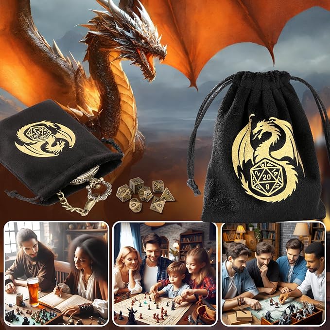 Mini DND Dice Set with Steampunk Dragon Pocket Watch Case, Tiny 7-Piece Polyhedral Metal D&D Dice, DND Gifts with Dragon Logo Gift Bag, Role Playing Game Board Game Accessories Dice, Bronze