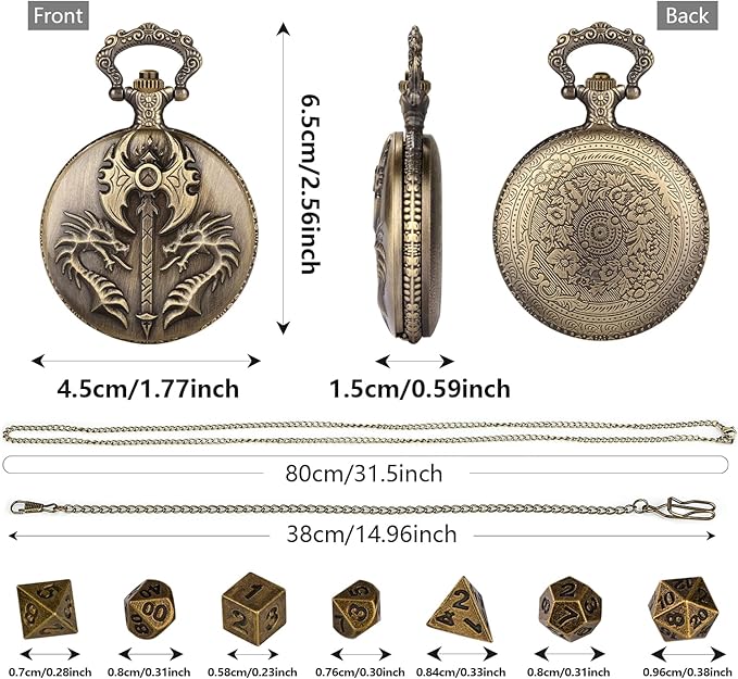 Mini DND Dice Set with Double Headed Dragon(Top Double-Sided Axe) Pocket Watch Case, 7-PCS Polyhedral Metal D&D Dice, DND Gifts with Gift Box, Role Playing Game Board Game Accessories Dice, Bronze