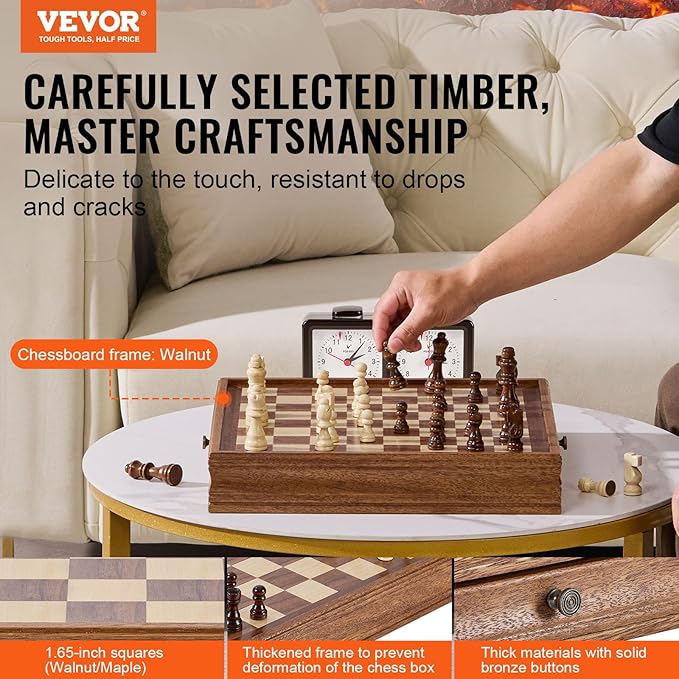 VEVOR Solid Wood Chess Set, 15 inch 2-in-1 Chess Checkers Game Set, Chess Board Games with Storage Drawer & Weighted Chess Checkers Pieces & 2 Queens, Christmas Crafts Xmas Gift