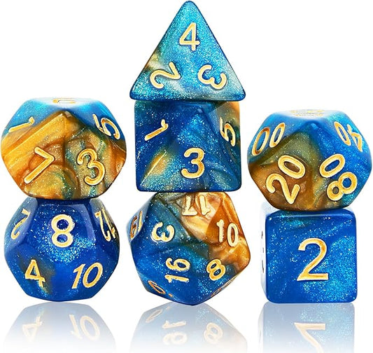 DND Polyhedral Dice Set with a Black Dice Bag for D&D RPG MTG Role Playing Table Games RPG Polyhedral Dice for Dungeon and Dragons Playing Games 7-Die Set (Blue&Gold+Nebula Dice)