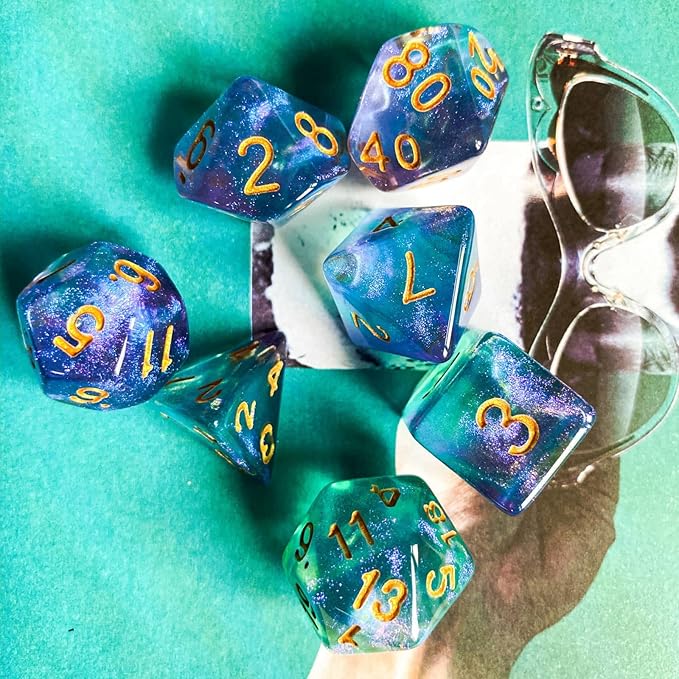 7-Die DND Dice Set Polyhedral Dice Set with a Leather Dice Bag, D&D Dice Set for Dungeons and Dragons, RPG, MTG Table Games (Purple Cyan/Glitter)