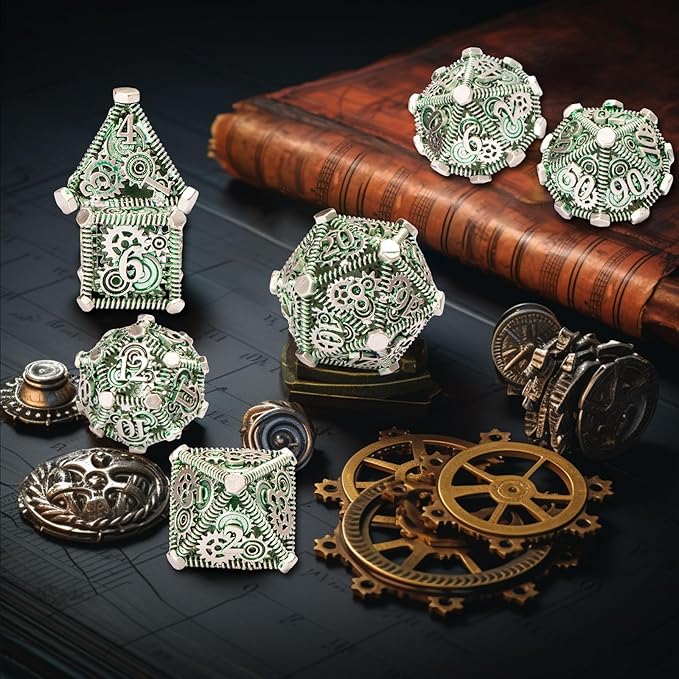 DND Metal Dice Set, UBEUCK 7PCS Gear Metal DND Dice Set for Dungeons & Dragons Board Games Boxes(Gear Green)
