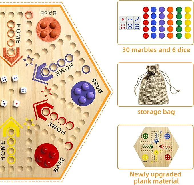Wooden Board Game, Board Game Original Marble Game Double Sided Painted 2 to 6 Player Fast Track Board Game Wooden with 6 Colors 24 Marbles 6 Dice for Adults Kids Family(20 INCH)