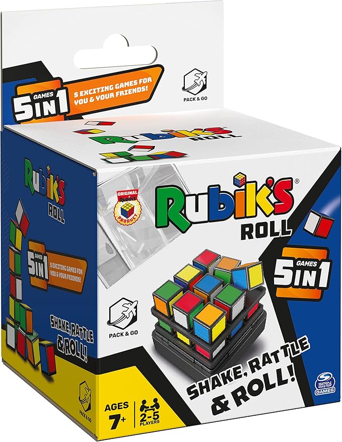 Rubik's Roll, 5-in-1 Dice Games Pack & Go Travel Size Multiplayer Colorful Road Trip Board Game, for Kids & Adults Ages 7 and up