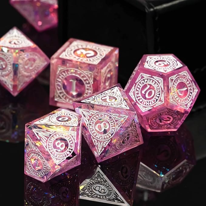 Cusdie 7-Piece Polyhedral DND Dice Set with Sharp Edges, Handcrafted Dice Featuring Rune-Inspired Designs for Role Playing Games Pathfinder (Pink)