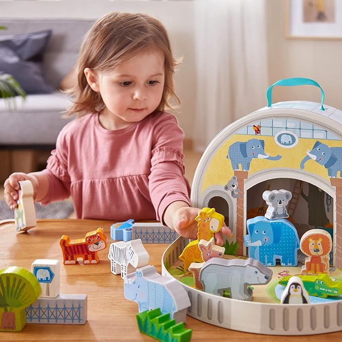 HABA Wooden Animal Playset - Play World at The Zoo, STEM Educational Toy with Zoo Animals & Accessories, Preschool Learning Toy for Ages 2+, Made in Germany