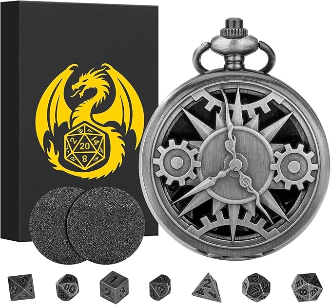 Mini DND Dice Set with Steampunk Hollow Pocket Watch Shell Case, 7pcs Polyhedral Metal D&D Dice Set, DND Gifts with Gift Box, Role Playing Board Games Accessories, Dark Silver