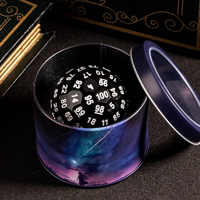 Upgraded 100 Sided Dice, 50mm Polyhedral D100 Die, D&D Game Dice, Cube with Metal Storage Tin (Black/White Font)