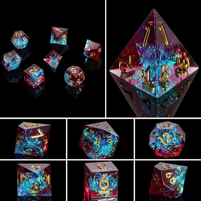 7PCS DND Dice Set,Handmade Sharp Edge Dice Set D&D RPG Polyhedral Die,for Dungeons and Dragons TTRPG Games Roleplaying Games Pathfinder,with Gift Box(Blue with Red)