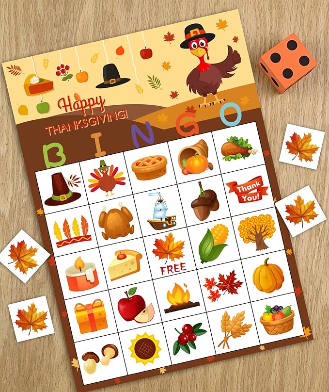 Funnlot Fall Bingo Game for Kids - Thanksgiving Party Activities for 24 Players, Family and Classrooms