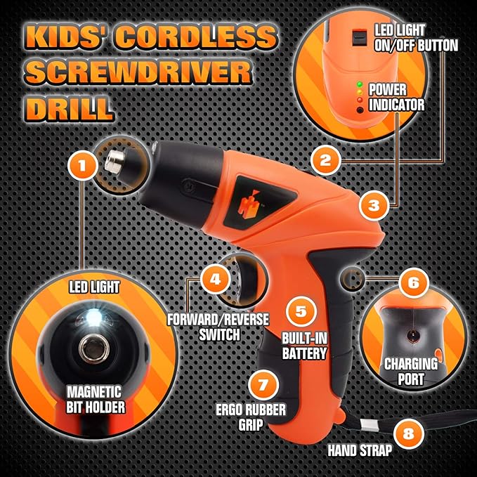 JoyTown Kids Real Power Drill Set – Electric Cordless Drill Tool Kit for Children with Interchangeable Bits, Flexible Shaft, Charger, All in Carrying Case, Learning Tools for Boys & Girls Home DIY