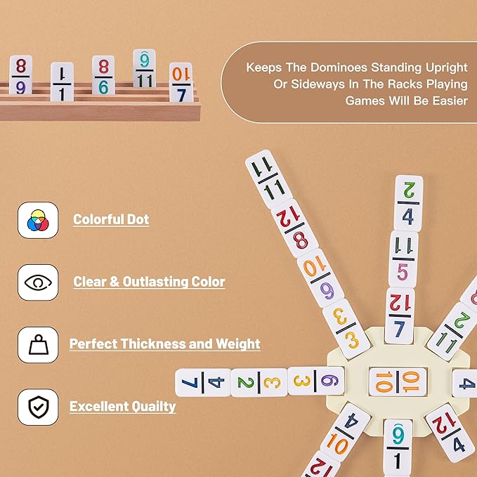 Mexican Train Dominoes Set with Numbers - Double 12 Colored Number Dominoes - 91 Tiles, 9 Trains, 4 Wooden Trays & Storage Bag for 2-8 Players Ages 8+