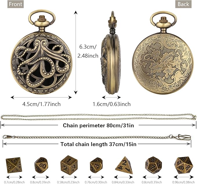 Mini DND Dice Set Steampunk Hollow Octopus Pocket Watch Shell Case, 7pcs Polyhedral Metal D&D Dice Set, DND Gifts with Gift Box for Player, Role Playing Board Games Accessories, Bronze