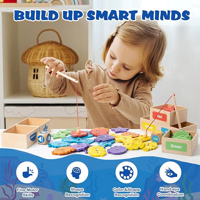 Busy edition Montessori Toys for Toddlers 1-3, Wooden Magnetic Fishing Games for Kids 3-5, Color Sorting Educational Toy for 3+ Year Old Boys Girls, Preschool Learning Toys for Toddlers 2-4 Years