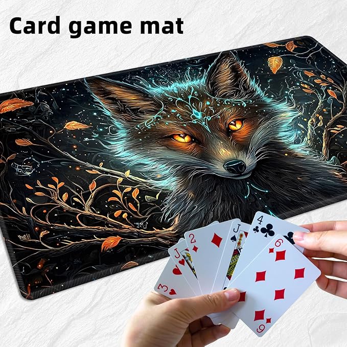 MTG Playmat with Storage Bag, 27.55x15.75 inches, Non-Slip Beautiful Fox Desk Mat, Stitched Edges Game Mat, Rollable & Foldable Card Playmat
