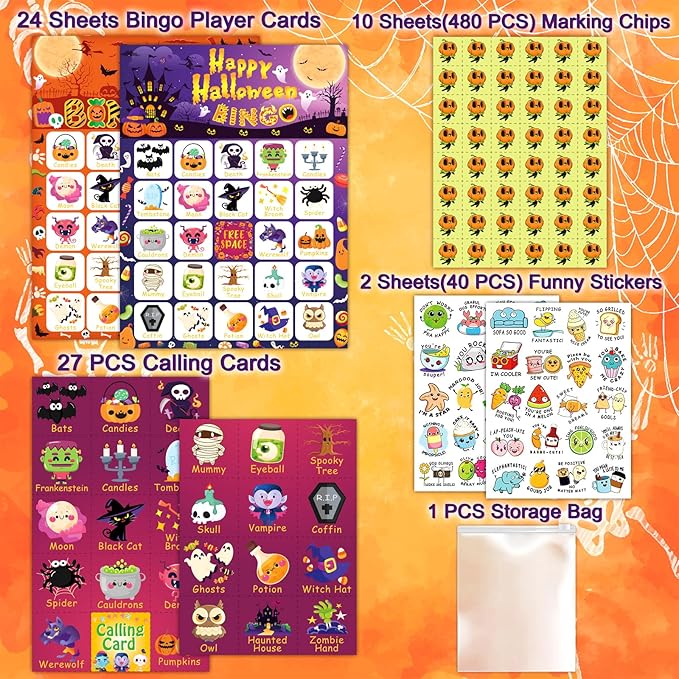 Halloween Bingo Game 24 Players Halloween Bingo Cards, Halloween Party Games for Kids Adults Family Activity, Halloween Party Supplies Kids Bingo