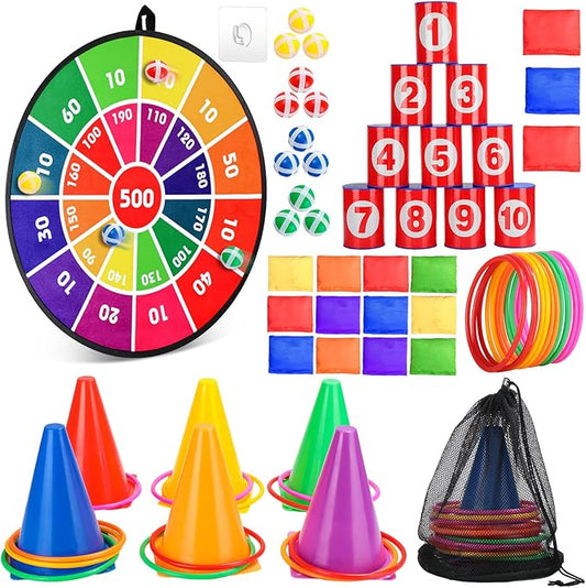 Hungdao 3 Sets Carnival Games Combo Set, Dart Board with Balls Plastic Cones Ring Bean Bags Toss Game for Boys Girls Adults Family Birthday Yard Indoor Outdoor(Bright Color,Classic Style)