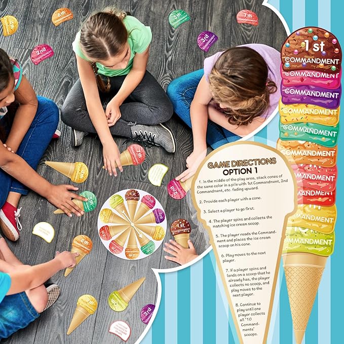 Ten Commandments for Kids Ice Cream Scoop Game Ten Commandments Learning Wheel Sunday School Games 10 Crafts Kids Bible Supplies Religious Educational and Learning Activities