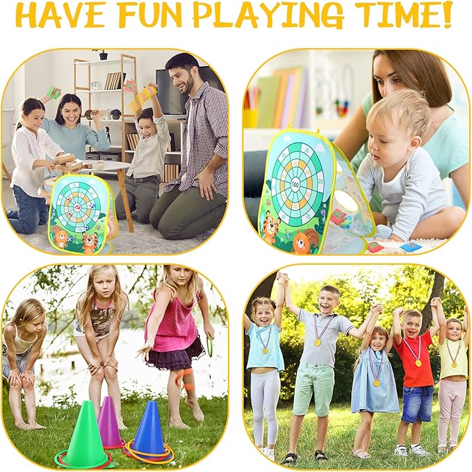 Yunsailing 63 Pcs Carnival Outdoor Games Set for Kids Include Animal Bean Bag Toss Plastic Cones Bean Bags Ring Toss Egg and Spoon Race, Field Yard Lawn Outdoor Game, Gift for Birthday Party